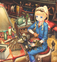 Rule 34 | 1girl, aiuabo, battery, blonde hair, blue eyes, blue jumpsuit, blunt bangs, bottle, brown gloves, car, chest of drawers, clock, commentary request, cushion, gloves, goggles, goggles on head, hammer, highres, holding, holding wrench, jumper cable, jumpsuit, long hair, motor vehicle, non-humanoid robot, open mouth, original, placemat, pocket, ponytail, radio, railroad tracks, robot, robot animal, screwdriver, sidelocks, single glove, sitting, sleeves rolled up, smile, solo, spray bottle, suitcase, tire, train, vase, wrench