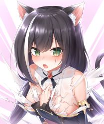 Rule 34 | 1girl, animal ear fluff, animal ears, black hair, blush, breasts, cat ears, cat girl, cat tail, commentary request, fang, green eyes, highres, karyl (princess connect!), long hair, looking at viewer, low twintails, medium breasts, multicolored hair, open mouth, princess connect!, qinshi-ji, solo, streaked hair, tail, torn clothes, twintails, upper body, white hair