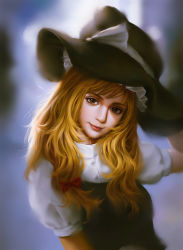 Rule 34 | 1girl, bita (vaderc), blonde hair, blue background, brown eyes, chromatic aberration, gradient background, hair ribbon, hand on headwear, hat, head tilt, highres, kirisame marisa, lips, long hair, looking at viewer, messy hair, nose, photorealistic, realistic, ribbon, short sleeves, smile, solo, touhou, tress ribbon, upper body, vest, witch hat