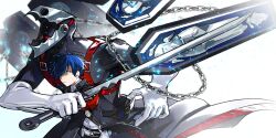Rule 34 | 1boy, absurdres, akningovo, belt, black jacket, black ribbon, blue eyes, blue hair, chain, collared shirt, commentary, gekkoukan high school uniform, glowing, glowing eyes, highres, holding, holding sword, holding weapon, jacket, long sleeves, male focus, neck ribbon, open clothes, open jacket, parted lips, persona, persona 3, persona 3 reload, ribbon, s.e.e.s, school uniform, shirt, short hair, size difference, sword, thanatos (persona), upper body, weapon, white shirt, yuuki makoto (persona 3)