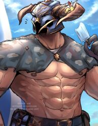 Rule 34 | 1boy, abs, bara, belt, black gloves, cowboy shot, draph, food, gloves, granblue fantasy, highres, ice cream, large pectorals, looking to the side, male focus, meatyexplosions, muscular, muscular male, navel, nipples, notice lines, official alternate costume, pectorals, solo, stomach, vaseraga (summer) (granblue fantasy)