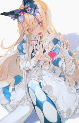 Rule 34 | 1girl, alice (grimlight), apron, bandaged arm, bandages, bandaid, bandaid on hand, blonde hair, blue bow, blue bowtie, blue dress, blue eyes, blush, bow, bowtie, breasts, butterfly hair ornament, butterfly wings, buttons, collared dress, commentary, crystal print, dress, duplicate, eyes visible through hair, fang, fangs, feet out of frame, fingernails, frills, grey apron, grey bow, grey bowtie, grey pantyhose, grimlight, hair between eyes, hair ornament, hairband, hands up, heart, heart hands, heart in eye, heart in heart hands, insect wings, long fingernails, long hair, looking to the side, medium breasts, multicolored bow, multicolored bowtie, multicolored eyes, open mouth, pantyhose, pink bow, pink bowtie, pink eyes, pixel-perfect duplicate, puffy short sleeves, puffy sleeves, purple hairband, shadow, short sleeves, simple background, sitting, solo, striped bow, striped bowtie, striped clothes, symbol-only commentary, symbol in eye, teeth, tongue, wanke, white apron, white background, wings