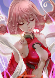 Rule 34 | 1girl, bare shoulders, breasts, center opening, cleavage, closed eyes, closed mouth, crossed bangs, detached sleeves, dress, guilty crown, hair between eyes, long hair, low tied hair, magion02, medium breasts, navel, pink hair, pink lips, red dress, revealing clothes, sidelocks, solo, twintails, yuzuriha inori