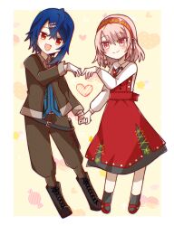Rule 34 | 1boy, 1girl, alcryst (fire emblem), blue hair, couple, dress, fire emblem, fire emblem engage, gloves, hair ornament, hair ribbon, hairband, hairclip, highres, holding hands, jacket, lapis (fire emblem), looking at another, nintendo, open mouth, pink eyes, pink hair, red dress, red eyes, ribbon, smile, user mmfe4722, white gloves