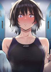 Rule 34 | 1girl, amagami, black hair, black one-piece swimsuit, blush, bob cut, breasts, commentary request, competition swimsuit, highres, holding, holding towel, looking at viewer, medium breasts, nanasaki ai, one-piece swimsuit, parted lips, purple eyes, short hair, shouji nigou, solo, swimsuit, towel, wet