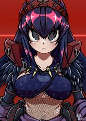 Rule 34 | 1girl, breasts, closed mouth, collarbone, criss-cross halter, eyelashes, fishnets, frown, grey eyes, hair between eyes, hairband, halterneck, highres, long hair, looking at viewer, medium breasts, monster hunter (character), monster hunter (series), nargacuga (armor), navel, purple hair, red background, red hairband, red pupils, sakumochi (pixiv4431677), solo, straight-on