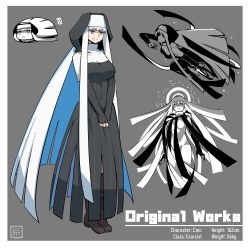 Rule 34 | 1girl, blue eyes, blunt bangs, blunt ends, boots, breasts, character name, chibi, covered navel, dress, full body, fumato, grey background, habit, highres, large breasts, long hair, multiple views, nun, original, simple background, smile, standing, white hair