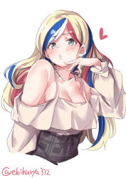Rule 34 | 1girl, blonde hair, blue hair, blush, breasts, cleavage, commandant teste (kancolle), commentary request, ebifurya, finger to mouth, grey eyes, hair between eyes, heart, highres, kantai collection, long hair, long sleeves, looking at viewer, medium breasts, multicolored hair, off shoulder, one-hour drawing challenge, open mouth, puffy long sleeves, puffy sleeves, red hair, simple background, solo, spoken heart, streaked hair, swept bangs, upper body, white background, white hair