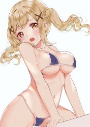 Rule 34 | 1girl, :o, areola slip, bang dream!, bare arms, bare shoulders, bikini, blue background, blue bikini, blush, breasts, brown eyes, brown hair, c8oyk, collarbone, hair ornament, head tilt, ichigaya arisa, long hair, md5 mismatch, medium breasts, navel, open mouth, resolution mismatch, sidelocks, simple background, solo, source larger, swimsuit, twintails, x hair ornament