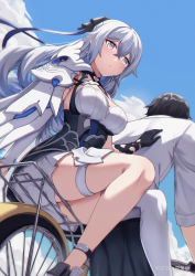 Rule 34 | 1boy, 1girl, absurdres, back, bicycle, black gloves, black hair, blue sky, breasts, bronya zaychik, bronya zaychik (silverwing: n-ex), captain (honkai impact), cleavage, closed mouth, cloud, cloudy sky, daidailong, dress, earrings, gloves, grey eyes, grey hair, hair ornament, highres, honkai (series), honkai impact 3rd, jacket, jewelry, long hair, looking at viewer, outdoors, riding, riding bicycle, short hair, single glove, single thighhigh, sky, sleeves rolled up, thighhighs, white dress, white jacket, white thighhighs