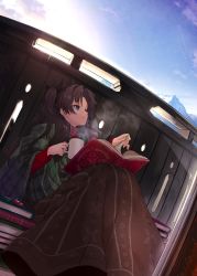 Rule 34 | 1girl, absurdres, black ribbon, blanket, bloom, blue eyes, blue sky, book, book stack, brown hair, closed mouth, coffee mug, comfy, commentary request, cup, day, dutch angle, fate/stay night, fate (series), hair ribbon, highres, holding, holding cup, huge filesize, long sleeves, looking away, miruto netsuki, mountain, mug, open book, outdoors, plaid, ribbon, sitting, sky, sleeves past wrists, smile, steam, sun, sunlight, tohsaka rin, two side up