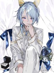 Rule 34 | 1girl, alternate costume, animal ears, asymmetrical bangs, blue eyes, blue flower, blue hair, blue rose, blush, bouquet, bow, bowtie, closed mouth, collared shirt, curtains, ear covers, flower, half-closed eyes, hand up, highres, horse ears, jacket, jewelry, k.s.miracle (umamusume), long sleeves, looking at viewer, m75255831, medium hair, panties, ring, ring box, rose, shirt, sitting, solo, umamusume, underwear, white jacket, white panties, white shirt