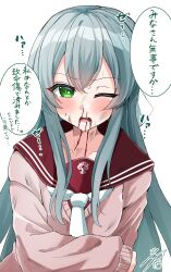 Rule 34 | 1girl, absurdres, aqua hair, arm at side, artist name, assault lily, blood, blood from mouth, blood on face, blush, brown cardigan, brown sailor collar, cardigan, commentary request, dirty, dirty face, green eyes, hair between eyes, hand on own arm, highres, kanba girls high school uniform, long hair, long sleeves, looking at viewer, necktie, nosebleed, one eye closed, parted lips, sailor collar, school uniform, sidelocks, simple background, sleeves past wrists, solo, speech bubble, standing, teeth, toki kureha, translation request, upper body, upper teeth only, very long hair, white background, white necktie, ya-man
