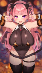 Rule 34 | 1girl, animal ears, bare shoulders, bat (animal), black thighhighs, blush, breasts, cat ears, cat girl, cat tail, collar, covered erect nipples, curvy, earrings, elbow gloves, fang, fingernails, gloves, hairband, halloween, halloween costume, halterneck, highleg, highleg leotard, highres, jewelry, large breasts, leotard, long hair, looking at viewer, nail polish, navel, open fly, open mouth, original, pink hair, purple eyes, see-through, skin tight, skindentation, smile, solo, striped clothes, striped gloves, tail, thick thighs, thigh gap, thigh strap, thighhighs, thighs, totorosu, twintails, unbuttoned