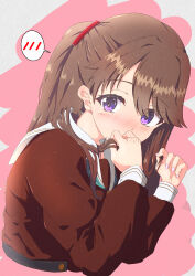 Rule 34 | 1girl, absurdres, aqua neckerchief, blush, brown dress, brown hair, check commentary, commentary request, covering own mouth, cropped torso, dress, fujishima megumi, hand over own mouth, hands up, hasu no sora school uniform, highres, holding own hair, link! like! love live!, long hair, long sleeves, looking at viewer, love live!, neckerchief, nose blush, pink background, pink nails, purple eyes, rakinegimagi, sailor collar, sailor dress, school uniform, solo, spoken blush, two-tone background, two side up, white sailor collar, winter uniform