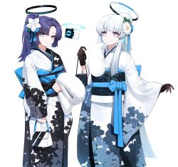 Rule 34 | 2girls, absurdres, alternate costume, blue archive, blue eyes, blue hair, blunt bangs, casul, closed mouth, commentary, drone, floral print, flower, hair flower, hair ornament, halo, head tilt, highres, japanese clothes, kimono, kinchaku, long hair, looking at viewer, mechanical halo, medium hair, multiple girls, noa (blue archive), obi, obiage, obijime, ponytail, pouch, purple eyes, sash, sidelocks, simple background, smile, standing, very long hair, white background, white hair, white kimono, yuuka (blue archive)