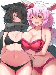 Rule 34 | 2girls, animal ears, black bra, black hair, black panties, blush, bra, breast lift, breasts, brown eyes, cleavage, collarbone, grey eyes, hair over one eye, highres, large breasts, long hair, looking at another, looking at viewer, multicolored hair, multiple girls, navel, one eye closed, open mouth, original, panties, pink hair, red bra, red panties, short hair, simple background, small breasts, smile, suruga (xsurugax), tail, two-tone hair, underwear, white background, white hair, wide hips, yuri
