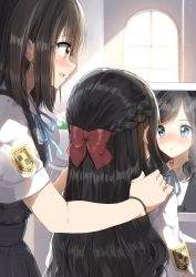 Rule 34 | 2girls, :d, black dress, black hair, blue eyes, blue ribbon, blurry, blurry background, blush, bow, braid, brown eyes, collared shirt, depth of field, dress, hair between eyes, hair bow, hands on another&#039;s shoulders, highres, indoors, long hair, looking at mirror, mirror, multiple girls, neck ribbon, nose blush, open mouth, original, parted lips, pentagon (railgun ky1206), pinafore dress, pleated dress, profile, red bow, reflection, ribbon, school uniform, shirt, short sleeves, sleeveless, sleeveless dress, smile, sunlight, swept bangs, wavy hair, white shirt, window