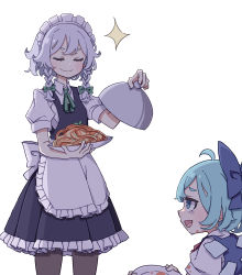 Rule 34 | 2girls, absurdres, apron, black legwear, blue bow, blue dress, blue eyes, blue hair, blush, bow, braid, cirno, closed mouth, collared shirt, dress, closed eyes, fairy, food, green bow, grey hair, hair bow, highres, ice, ice wings, izayoi sakuya, kame (kamepan44231), multiple girls, one-hour drawing challenge, open mouth, pantyhose, pasta, shirt, short hair, short sleeves, simple background, smile, spaghetti, touhou, twin braids, waist apron, white apron, white background, white shirt, wings