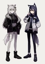 Rule 34 | 2girls, absurdres, animal ears, arknights, black footwear, black hair, black jacket, black pants, black shirt, black shorts, boots, cigarette, cropped shirt, fur-trimmed jacket, fur trim, grey hair, grin, hair between eyes, hair ornament, hairclip, hand up, hands in pockets, highres, holding, holding cigarette, jacket, lappland (arknights), long hair, long sleeves, looking at viewer, midriff, multiple girls, navel, off shoulder, open clothes, open jacket, pants, penguin logistics logo, shirt, shoes, shorts, smile, tail, texas (arknights), wolf ears, wolf girl, wolf tail, yellow eyes, yoon cook