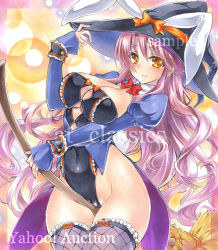 Rule 34 | 1girl, animal ears, artist name, at classics, between legs, black hat, bow, bowtie, breasts, broom, broom riding, brown eyes, cameltoe, cleavage, closed mouth, covered navel, cowboy shot, fishnet thighhighs, fishnets, frilled thighhighs, frills, groin, hair between eyes, hat, hat bow, juliet sleeves, large breasts, leotard, long hair, long sleeves, looking at viewer, original, pink hair, puffy sleeves, rabbit ears, rabbit tail, red bow, red bowtie, sample watermark, smile, solo, tail, thigh gap, thighhighs, traditional media, very long hair, watermark, witch hat, yellow bow