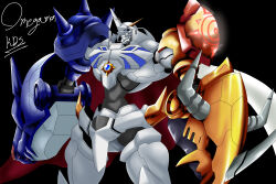 Rule 34 | absurdres, armor, blue eyes, cape, crests (digimon), digimon, fusion, highres, horns, omegamon, spikes