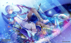 Rule 34 | 1boy, album cover, animal, artist name, blue eyes, blue hair, blue scarf, blue theme, cage, clock hands, closed mouth, coral, cover, crypton, earth (planet), exit tunes, fish, full body, gears, highres, jupiter (planet), kaito (vocaloid), light particles, light smile, long sleeves, looking at viewer, male focus, mars (planet), mercury (element), microphone, neptune, orb, outstretched arms, pants, petals, planet, saturn (planet), scarf, shoes, solar system, uranus (planet), vocaloid, watermark, web address, yuu (arcadia)