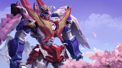 Rule 34 | absurdres, avataro sentai donbrothers, blue eyes, blue sky, brown background, cherry blossoms, closed mouth, commentary, cowboy shot, dononitaijin, erudite-sama, highres, holding, holding sword, holding weapon, looking at viewer, mecha, no humans, robot, sheath, sheathed, sky, solo, standing, super sentai, sword, tokusatsu, tree, weapon