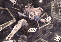 Rule 34 | 1girl, alice (alice in wonderland), alice in wonderland, architecture, black bow, black footwear, blonde hair, blue dress, bow, card, commentary request, dress, dutch angle, falling, floating hair, from above, full body, gothic architecture, gothic lolita, highres, indoors, juliet sleeves, lolita fashion, long hair, long sleeves, looking at viewer, mary janes, missile228, outstretched arm, pantyhose, perspective, petticoat, picture frame, playing card, puffy sleeves, purple eyes, shoes, solo, white pantyhose