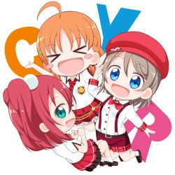 Rule 34 | &gt; &lt;, 3girls, :d, \o/, ahoge, aqua eyes, arms up, belt, beret, black footwear, blue eyes, blush, blush stickers, bow, bowtie, braid, clenched hands, collared shirt, commentary request, cyaron (love live!), genki zenkai day! day! day!, grey hair, hat, highres, kurosawa ruby, long sleeves, love live!, love live! sunshine!!, miyamaki, multiple girls, necktie, open mouth, orange hair, outstretched arms, plaid, plaid skirt, pom pom (clothes), red hair, red headwear, red neckwear, red shorts, red skirt, salute, shirt, shoes, short hair, short sleeves, shorts, side braid, skirt, smile, socks, suspenders, takami chika, two side up, watanabe you, white background, white legwear, white shirt, xd