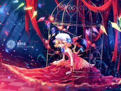 Rule 34 | 1girl, birdcage, blonde hair, cage, checkered floor, dress, flandre scarlet, flower, hat, kieta, perspective, petals, red eyes, solo, third-party edit, thorns, touhou, wings