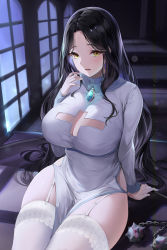 Rule 34 | 1girl, absurdres, arm support, black hair, breasts, cleavage, cleavage cutout, clothing cutout, commentary request, commission, cowboy shot, cross cutout, dress, flail, garter straps, glowing, highres, indoors, korean commentary, lace, lace-trimmed legwear, lace trim, large breasts, lillly, long hair, long sleeves, looking at viewer, night, open mouth, original, parted bangs, side slit, sidelocks, sitting, solo, thighhighs, thighs, weapon, white dress, white thighhighs, window, yellow eyes