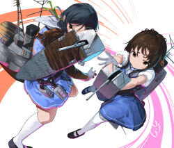 Rule 34 | 2girls, absurdres, adapted turret, anti-aircraft, anti-aircraft gun, bike shorts, bike shorts under skirt, black hair, black shorts, blue dress, brown eyes, depth charge, diagonal-striped clothes, diagonal-striped necktie, dress, gegeron, gloves, grey thighhighs, hair between eyes, hair ornament, hair ribbon, hairclip, highres, inagi (kancolle), inagi kai ni (kancolle), kantai collection, long hair, low twintails, machinery, multiple girls, necktie, plate, plate stack, ribbon, shirt, shorts, signature, skirt, smokestack, striped clothes, thighhighs, turret, twintails, ukuru (kancolle), white gloves, white shirt
