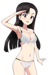 Rule 34 | 1girl, armpits, black hair, blush, bra, breasts, brown eyes, cleavage, collarbone, girls und panzer, kayabakoro, large breasts, long hair, looking at viewer, navel, nishi kinuyo, open mouth, salute, simple background, smile, solo, underwear, underwear only, white background, white bra