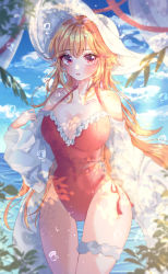 Rule 34 | 1girl, absurdres, azur lane, bad id, bad pixiv id, blonde hair, blue sky, blush, breasts, cleavage, cloud, cloudy sky, collarbone, commentary, day, hair between eyes, hat, highres, huge filesize, long hair, looking at viewer, medium breasts, ocean, one-piece swimsuit, open clothes, open mouth, open shirt, red eyes, red one-piece swimsuit, richelieu (azur lane), richelieu (fleuron of the waves) (azur lane), shirt, sidelocks, sky, solo, sun hat, swimsuit, thigh strap, water drop, white shirt, wine (2148 wine)
