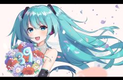 Rule 34 | 1girl, :d, aqua eyes, aqua hair, black sleeves, blurry, blurry background, blurry foreground, blush, bouquet, commentary, depth of field, detached sleeves, flower, gradient background, grey shirt, hair between eyes, hair blowing, hatsune miku, highres, holding, holding bouquet, letterboxed, long hair, mell01218, number pun, open mouth, petals, pink background, shirt, short hair with long locks, simple background, sleeveless, sleeveless shirt, smile, solo, twintails, upper body, very long hair, vocaloid, wind