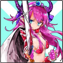 Rule 34 | 1girl, armor, bikini armor, black hairband, blue eyes, breasts, cape, clenched hand, dragon horns, elizabeth bathory (brave) (fate), elizabeth bathory (fate), fate/grand order, fate (series), hair ribbon, hairband, horns, jamir, long hair, oversized clothes, pauldrons, pink hair, pointy ears, purple horns, purple ribbon, red armor, ribbon, shoulder armor, sideboob, small breasts, solo, white cape