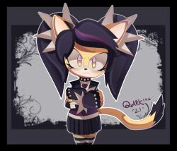 Rule 34 | 1girl, alternate costume, animal ears, black border, black gloves, black hair, border, broken heart, cat ears, cat tail, choker, cowboy shot, crossed arms, emo fashion, fingerless gloves, furry, furry female, gloves, heart, highres, honey the cat, looking at viewer, outline, quark196, signature, solo, sonic (series), sonic the fighters, sonic the hedgehog (classic), striped clothes, striped thighhighs, tail, thighhighs, white outline
