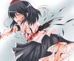 Rule 34 | back, blood, feathers, female focus, flat chest, guro, hat, knife, open mouth, pain, panties, shameimaru aya, shimo (depthbomb), tears, tokin hat, torn clothes, touhou, underwear, wings