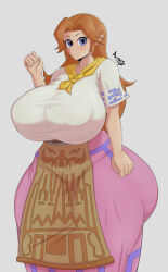 Rule 34 | 1girl, apron, arusen, ass, blue eyes, breasts, brown hair, covered erect nipples, cremia, female focus, gluteal fold, highres, huge ass, huge breasts, jewelry, long hair, looking at viewer, navel, nintendo, plump, pointy ears, solo, the legend of zelda, the legend of zelda: majora&#039;s mask, thick thighs, thighs, wide hips