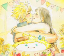 Rule 34 | 1boy, 1girl, bare arms, bare shoulders, birthday cake, black hair, black vest, blonde hair, blush, cake, chocobo, closed eyes, cloud strife, commentary, couple, crop top, dated, earrings, final fantasy, final fantasy vii, final fantasy vii advent children, flower, food, from side, fruit, happy birthday, hug, indoors, jewelry, long hair, parted lips, popped collar, profile, rakuct, ribbed shirt, shirt, short hair, single earring, smile, spiked hair, strawberry, sunflower, tank top, tifa lockhart, traditional media, upper body, vest, white tank top