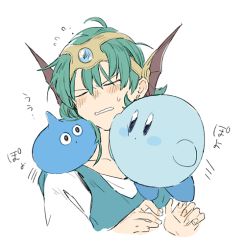 Rule 34 | 1boy, 1other, asymmetrical clothes, blue skin, blush, colored skin, crossover, curly hair, dragon quest, dragon quest iv, earrings, ebira, closed eyes, green hair, helmet, hero (dq4), jewelry, kirby, kirby (series), monster, nintendo, open mouth, short hair, slime (creature), slime (dragon quest), smile, solo, square enix, staff, super smash bros.