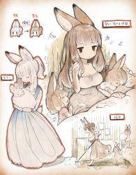 Rule 34 | 1boy, 2girls, alternate hair color, animal ears, baby, bed, breasts, brother and sister, brown hair, cleaning, closed eyes, dress, family, highres, jitome, long hair, mother and daughter, mother and son, multiple girls, multiple views, open mouth, original, rabbit boy, rabbit ears, rabbit girl, sakutake (ue3sayu), shedding, shedding fur, short hair, siblings, sleeping, under covers, waking up, white hair