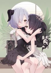 Rule 34 | 2girls, arashiya, asymmetrical clothes, bare shoulders, black dress, black gloves, blush, brown eyes, character request, choker, copyright request, crown, cuffs, dress, elbow gloves, face-to-face, feathered wings, gloves, hair over one eye, hand on another&#039;s shoulder, hand on another&#039;s thigh, hands on another&#039;s head, highres, horns, hug, multiple girls, short dress, short hair, siblings, single elbow glove, single glove, single horn, sisters, sitting, sitting on lap, sitting on person, smile, strapless, strapless dress, twins, white dress, white gloves, wings, yuri
