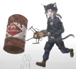 Rule 34 | 1girl, :3, absurdres, animal ear fluff, animal ears, beanie, belt, black belt, black hat, blue eyes, blue hoodie, blue pants, blush, boots, brown footwear, brown hair, cat, cat ears, cat girl, cat tail, commentary, cosplay, diu9you, drum (container), explosive, eyelashes, fang, fingerless gloves, flammable symbol, gloves, gravity gun, grey background, hair between eyes, hair ornament, half-life, half-life (series), half-life 2, hat, highres, holding, holding weapon, hood, hoodie, long sleeves, looking at object, medium hair, open mouth, original, pants, physics, ponytail, shirt, sidelocks, simple background, smile, solo, tail, v-shaped eyebrows, vest, walking, weapon, white background, white shirt, zero gravity