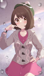 Rule 34 | 1girl, absurdres, blush, bob cut, brown eyes, brown hair, buttons, cable knit, cardigan, closed mouth, collarbone, collared dress, commentary request, creatures (company), dress, frown, game freak, gloria (pokemon), green hat, grey cardigan, hand on own hip, hand up, haru (haruxxe), hat, highres, hooded cardigan, looking at viewer, nintendo, pink dress, pokemon, pokemon swsh, rain, short hair, solo, tam o&#039; shanter, water drop