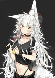 Rule 34 | 1girl, absurdres, animal ear fluff, animal ears, ball, black background, black choker, black shirt, black skirt, blush, breasts, brown eyes, choker, cleavage, closed mouth, collarbone, commentary request, crop top, groin, hair between eyes, hair ornament, hands up, heterochromia, highleg, highleg panties, highres, holding, holding ball, latex, long hair, looking at viewer, medium breasts, midriff, mole, mole under eye, navel, original, panties, racket, red eyes, shirt, short sleeves, side-tie shirt, silver (chenwen), silver hair, skirt, solo, stomach, sweatband, tail, tennis ball, tennis racket, tied shirt, underwear, upper body, very long hair, yellow eyes
