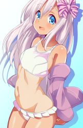 Rule 34 | 1girl, 9law, arched back, arms behind back, bad id, bad pixiv id, bikini, blue eyes, bow, collarbone, frilled bikini, frilled bikini, frills, hair bow, jacket, kantai collection, long hair, looking at viewer, navel, one-piece tan, open mouth, purple bow, purple jacket, ro-500 (kancolle), silver hair, solo, swimsuit, tan, tanline, white bikini