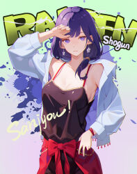 Rule 34 | 1girl, absurdres, alternate costume, black dress, bow, casual, character name, collarbone, dress, earrings, electricity, flower earrings, genshin impact, highres, jewelry, jingtailan, long hair, looking at viewer, open clothes, open shirt, purple eyes, purple hair, raiden shogun, red bow, shirt, shirt over dress, sleeveless, sleeveless dress, solo, white shirt