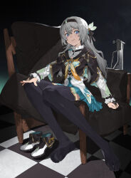 Rule 34 | 1girl, ananke 7, aqua skirt, black hairband, black jacket, black thighhighs, blue eyes, firefly (honkai: star rail), full body, grey hair, hairband, highres, honkai: star rail, honkai (series), jacket, long hair, multicolored hair, purple eyes, shirt, shoes, skirt, solo, thighhighs, two-tone hair, unworn shoes, white shirt